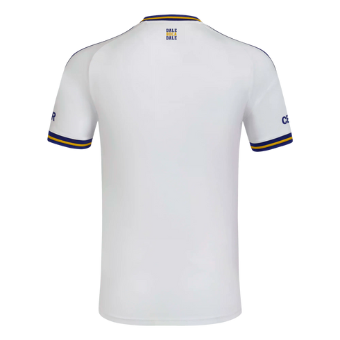 Rear view of a white soccer jersey with blue and yellow trim on the collar and sleeves. 'DALE BOCA DALE' is printed on the upper back.
