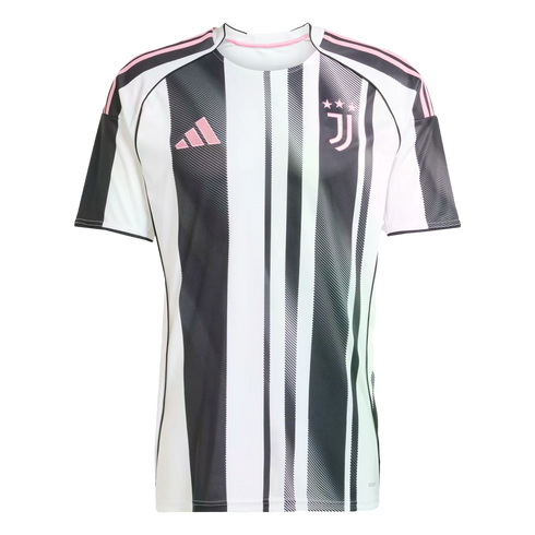 A white and black striped Adidas Juventus soccer jersey with pink accents on the logos and shoulders.