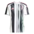 A white and black striped Adidas Juventus soccer jersey with pink accents on the logos and shoulders.