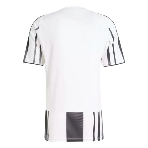 Back view of a white short-sleeved athletic jersey featuring vertical black stripes on the sleeves and a matching striped pattern along the bottom hem.