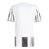 Back view of a white short-sleeved athletic jersey featuring vertical black stripes on the sleeves and a matching striped pattern along the bottom hem.