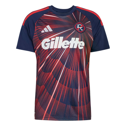 An Adidas New England Revolution soccer jersey with a red and navy radial burst design, featuring a white 'Gillette' sponsor logo across the chest.