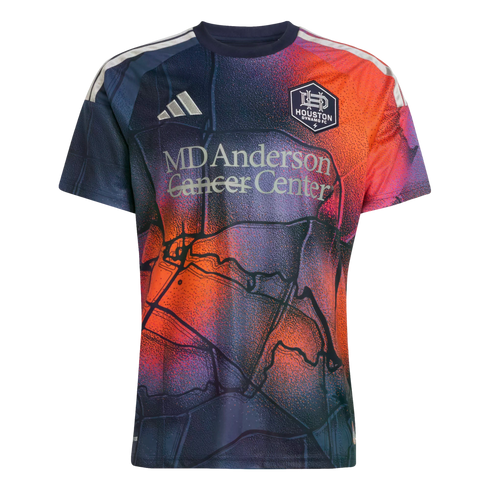 A Houston Dynamo FC soccer jersey by Adidas with a blue and orange abstract pattern. Features the team crest and "MD Anderson Cancer Center" sponsor logo.
