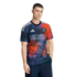 A man models a navy Houston Dynamo FC soccer jersey featuring a red and orange map pattern and the MD Anderson Cancer Center logo.