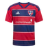 Red and navy blue striped FC Dallas soccer jersey with Adidas logo and Children's Health sponsor logo.