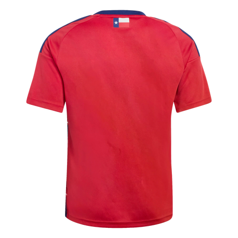 Back view of a red short-sleeved sports jersey with blue shoulder accents and a small Texas flag on the upper back.