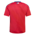 Back view of a red short-sleeved sports jersey with blue shoulder accents and a small Texas flag on the upper back.