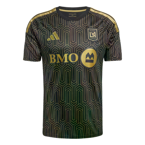 Black LAFC soccer jersey with gold geometric Art Deco-inspired patterns, gold Adidas logo, club crest, and BMO sponsor logo.