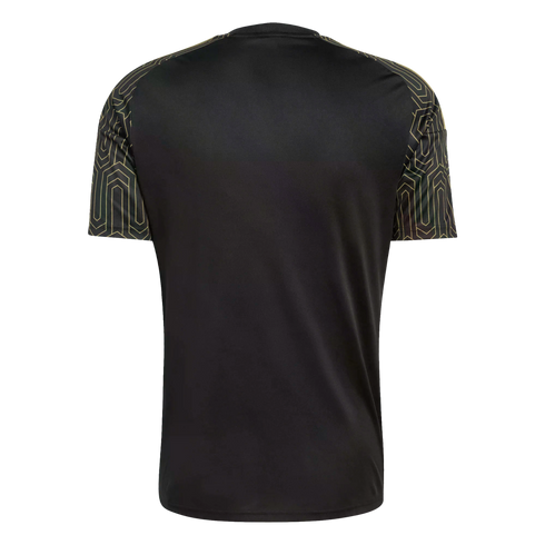 Back of a black short-sleeved jersey featuring gold geometric patterns on the sleeves, set against a solid black background.