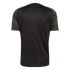 Back of a black short-sleeved jersey featuring gold geometric patterns on the sleeves, set against a solid black background.