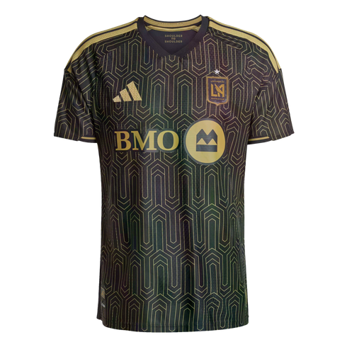 A black Los Angeles FC soccer jersey featuring a gold geometric pattern, gold Adidas and BMO logos, and the LAFC team crest with a silver championship star.