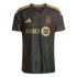 A black Los Angeles FC soccer jersey featuring a gold geometric pattern, gold Adidas and BMO logos, and the LAFC team crest with a silver championship star.