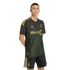 A man wearing a black and gold LAFC soccer uniform with a geometric pattern and BMO sponsor logo, set against a solid black background.