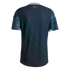 Back of a navy soccer jersey with US Constitution script on the sleeves, a gold snake logo below the collar, and light blue trim on the neck and cuffs.