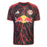A New York Red Bulls soccer jersey by Adidas, featuring a black base with a red lightning bolt pattern, the team crest, and a central Red Bull logo.
