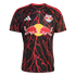 Adidas New York Red Bulls soccer jersey featuring a black base with a red lightning pattern and a large Red Bull logo on the chest.
