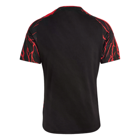 Back view of a black short-sleeved jersey featuring red lightning-like patterns on the shoulders and sleeves.