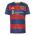 A Real Salt Lake soccer jersey with red and navy blue horizontal stripes, featuring a gold Adidas logo and gold Intermountain Health sponsor logo.