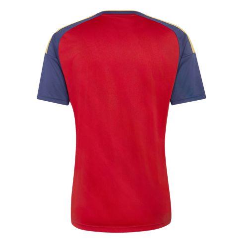 Back view of a red short-sleeved jersey with navy blue sleeves and yellow shoulder accents, against a black background.