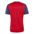 Back view of a red short-sleeved jersey with navy blue sleeves and yellow shoulder accents, against a black background.