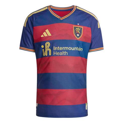 A Real Salt Lake soccer jersey with blue and red horizontal stripes, gold Adidas logo, team crest, and Intermountain Health sponsor logo.