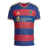 A Real Salt Lake soccer jersey with blue and red horizontal stripes, gold Adidas logo, team crest, and Intermountain Health sponsor logo.
