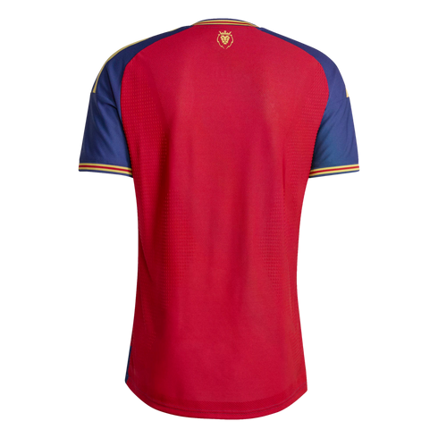 Back view of a red athletic jersey with blue sleeves, yellow shoulder stripes, and a small gold lion crest centered below the neckline.