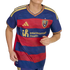 A person wears a blue and red striped soccer jersey featuring gold Adidas and Intermountain Health logos, with yellow shoulder stripes and a team crest.