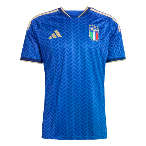 Royal blue Italy soccer jersey with tonal leaf pattern, gold Adidas logo, and national crest with four stars. Gold accents on shoulders and sleeve cuffs.