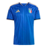 Royal blue Italy soccer jersey with tonal leaf pattern, gold Adidas logo, and national crest with four stars. Gold accents on shoulders and sleeve cuffs.
