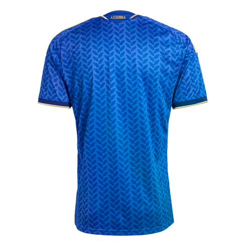 Back view of a blue soccer jersey with a leaf pattern and gold trim on the neck and sleeves. Gold 'AZZURRA' text on the back collar. Black background.