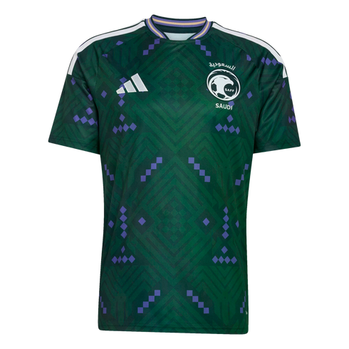 Dark green Adidas Saudi Arabia national team football jersey with geometric patterns and purple square accents.