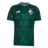 Dark green Adidas Saudi Arabia national team football jersey with geometric patterns and purple square accents.