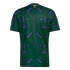 Back of a green Saudi Arabia soccer jersey featuring a purple geometric pattern and a small gold national emblem below the collar.