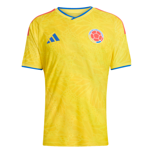 Yellow Colombia national team soccer jersey by Adidas, featuring blue and red trim and a subtle pattern across the front.