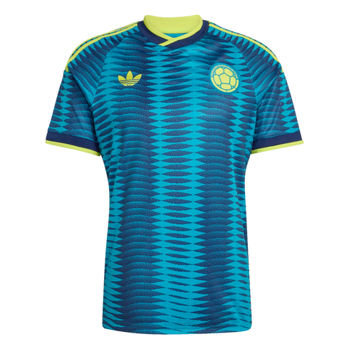 Teal and blue Colombia national soccer jersey with a repeating dark blue wave pattern, yellow trim, and the team's crest.