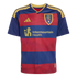 A red and navy blue striped Real Salt Lake soccer jersey featuring gold Adidas logos, shoulder stripes, and the Intermountain Health sponsor.