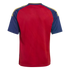 Back view of a red and blue sports jersey with yellow shoulder stripes against a black background.