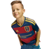 A smiling boy wearing a navy and red Real Salt Lake soccer jersey leans forward against a black background.