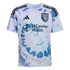 San Jose Earthquakes soccer jersey with a light blue and lavender tie-dye pattern, featuring the team crest and El Camino Health sponsor logo.