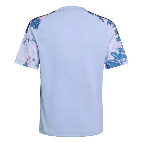 Back view of a light blue athletic shirt with blue and pink tie-dye patterned sleeves and dark stripes along the shoulders.