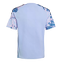 Back view of a light blue athletic shirt with blue and pink tie-dye patterned sleeves and dark stripes along the shoulders.