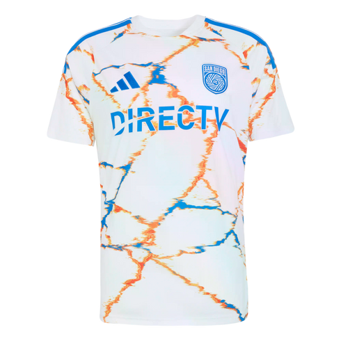 White San Diego FC soccer jersey with an orange and blue marbled pattern, featuring the blue Adidas logo, team crest, and "DIRECTV" sponsor logo.