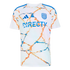 White San Diego FC soccer jersey with an orange and blue marbled pattern, featuring the blue Adidas logo, team crest, and "DIRECTV" sponsor logo.