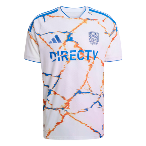 White San Diego FC soccer jersey with blue Adidas stripes and a 'DIRECTV' logo. Features a vibrant orange and blue crackled marble-like graphic pattern.