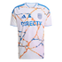 White San Diego FC soccer jersey with blue Adidas stripes and a 'DIRECTV' logo. Features a vibrant orange and blue crackled marble-like graphic pattern.