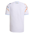 Back view of a white soccer jersey featuring blue and orange graphic shoulders, blue trim, and a small colorful logo below the collar.