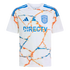 A white Adidas San Diego FC soccer jersey with blue and orange marble patterns, featuring the DIRECTV sponsor logo and blue shoulder stripes.
