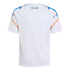 Back view of a white t-shirt with blue shoulder stripes, orange and blue graphic sleeve accents, and a small colorful "SIN FRONTERAS" logo on the upper back.