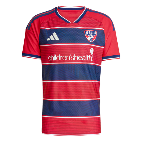 FC Dallas soccer jersey featuring red and blue horizontal stripes, team crest, Adidas logo, and Children’s Health sponsor branding.